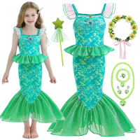 Mermaid Cosplay Green Princess Dress Children Ariel Fashion Fishtail Costume Girls Birthday Halloween Party Outfits