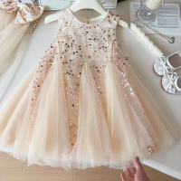 Summer New Baby Girl Pearl mesh sleeveless dress Children Girl Lace and Pearl ornament Fashion Vest style Princess Dress 2-8 Yrs