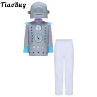 Kids Robot Cosplay Costume Long Sleeve Printed Shirt Top with Pants Cute Robots Headgear Halloween Carnival Party Fancy Dress Up