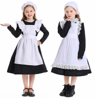 2-16Y Toddler Children Tween Teens Girls America Colonial Pilgrim Girl Costume Lovely Black White Maid Dress Umorden
