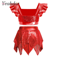 Children Sequins Party Clothes Sets Kids Girls Latin Jazz Dance Performance Outfit Sparkling Sequin Metallic Dancewear Sets