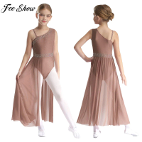Kids Girls Modern Lyrical Dance Costume Sleeveless Shiny Rhinestones Mesh Leotard Dress for Figure Skating Ballet Gymnastics