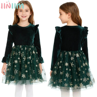 Kids Girls Christmas Princess Dress Long Sleeve Snowflake Print Velvet Mesh Tutu for Xmas New Year Party Thanksgiving Day