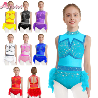 Kids Girls Ballet Dance Leotard Dress Figure Skating Gymnastics Jersey Sleeveless Cutout Back Feather Tutu Skirted Bodysuit