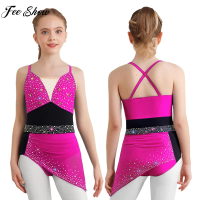 Teen Girls Lyrical Dance Figure Skating Costume Sleeveless Shiny Rhinestones Mesh Leotard Dress for Ballet Gymnastics Acrobatics