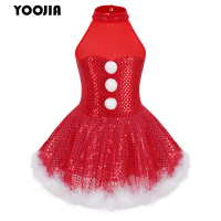 Girls Christmas Santa Snowman Costume Shiny Sequin Halter Neck Tutu Dress Ballet Dance Leotard Figure Ice Skating Twirling Dress