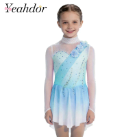 Kids Girls Figure Skating Performance Costume Sheer Mesh Patchwork Long Sleeves Rhinestones Gradient Color Ballet Dance Dress
