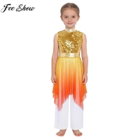 Children Girls Sleeveless Sequins Bodice Lyrical Dance Dress Liturgical Worship Praise Choir Tunic Gown with Pants Dancewear