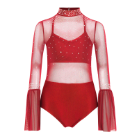 Kids Girls Ballet Dance Leotard Flare Sleeve Backless Rhinestone Bodysuit Lyrical Dancewear for Figure Skating Stage Performance