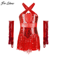 Kids Girls Latin Jazz Dance Sequins Tassel Leotard Dress with Fringe Metallic Gloves for Cha-Cha Samba Rumba Tango Performance