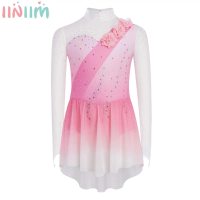 Children Girls Figure Ice Skating Gymnastics Dress Shiny Rhinestone Applique Sheer Mesh Leotard Tutu for Ballet Dance Acrobatics
