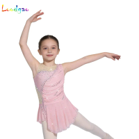 Girls Figure Skating Competition Dress Sleeveless Ruched Mesh Side Slit Dress Gymnastics Ballet Dance Bodysuit Ballerina Outfit