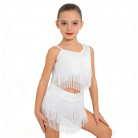 Kids Girls Sleeveless Shiny Rhinestones Cutout Tassel Latin Dance Leotard Dress Jazz Cha-Cha Rumba Samba Tango Salsa Costume