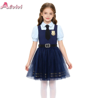 Girls 3 Pcs Halloween Bunny Police Outfit Short Sleeve Back Invisible Zipper Mesh Tutu Dress with Tie and Waistbelt Costumes