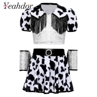 Girls Print Cowgirls Costumes Outfit Shiny Sequins Cow Printed Fringed Crop Top with Shorts Skirt Wrist Cuffs Halloween Costume