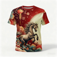 Happy New Year Year of The Horse T-shirt 3D Printing Quick-dry, Casual Crew Neck Short Sleeve T-shirt New Stylish Design