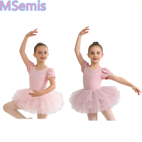 Kids Girls Glittery Rhinestones Tutu Ballet Dress for Practice Cross Back Short Sleeve Layered Tulle Dress with Built-in Briefs