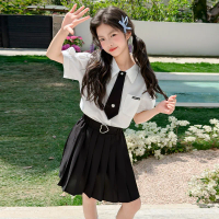 Performance Costume School Uniform Girls Summer Preppy Style White Puff Short Sleeve Shirt with Black Tie and Pleated Skirt 2026