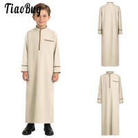 Kids Boys Muslim Thobe Arabic Middle East Loose Kaftan Long Sleeve Stand Collar Pocket Maxi Robe Casual Muslim Child Clothes