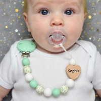 Personalized Name Handmade Beech Wood Pacifier Clip Holder Chain Rainbow Beads Baby Teether Teething Chain Soother Holder Gift