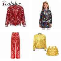Kids Girls Clothes Sets Glittery Jazz Dance Costume Sequin Outfits Baseball Jackets Outerwear Tiered Ruffled Skirted Culottes