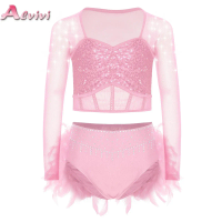 Kids Girls Gymnastics Ballet Dance Performance Outfit Rhinestones Shiny Sequins Crop Top+Feather Skirts Figure Skating Clothes
