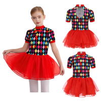 Teen Girls Circus Clown Cosplay Costume Short Sleeve Argyle Print Mesh Ballet Dance Tutu Dress Halloween Carnival Party Dress Up