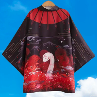 New Summer Fox Red Snake Print Loose Japanese Streetwear with Open Collar for Men and Women Harajuku Hiroshi Kimono Cosplay Tops