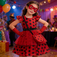 Fashion Polka Dot Red Dress Girls Cosplay Costumes with Bag Gloves Earrings for Carnival Kids Party Dresses Birthday Dress Gown