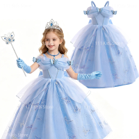 Cinderella Girls Blue Cosplay Costumes Sequin Butterfly Ball Gown Elegant Evening Dress Kids Girl Princess Dress Carnival Outfit