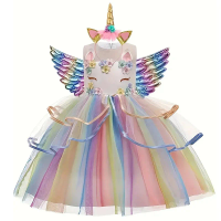Children's Unicorn Princess Dress For Birthday Girls Party Dresses Elegant Rainbow Evening Dress Festive Performance Costume
