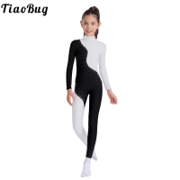 Girls Ballet Dance Gymnastics Leotard Long Sleeve Shiny Rhinestone Zipper Jumpsuit Figure Skating Acrobatics Performance Costume