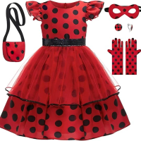 Girls Cosplay Costume Polka Dot Red Dress With Bag Gloves Mask Earrings For Kids Bug Halloween Birthday Dress Up