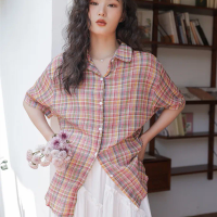 Summer New Women Turn-down Collar Cotton Shirts Half Sleeves Vintage High Street Breathable Casual Fashion Coats Blouses