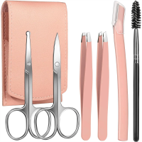 Eyebrow Kit with Leather Case - 6pcs Eyebrow Scissors, Tweezers, Razor & Brush for Women Men - Facial Hair & Ingrown Hair