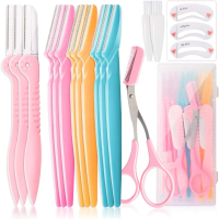 12 Pcs Eyebrow Razor for Women, Dermaplaning Face Razors with Brush, Scissors, Stencils for Hair Removal and Shaping