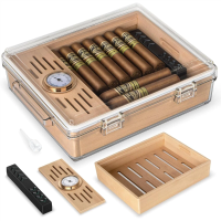 Acrylic Cigar Humidor with Hygrometer and Humidifier, Holds 20-30 Cigars, Clear Desktop Case