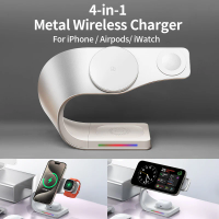 Metal Shell 4 in 1 Wireless Charger for iPhone 16 15 14 13 12 Magnetic Fast Charging Station Stand Dock for Apple Airpods Watch