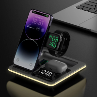 5 in 1 Warm Light Wireless Charger Dock Fast Charging Station for Apple Airpods iWatch iPhone 12 13 14 15 16 17 with Alarm clock