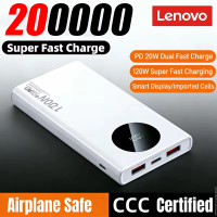 Lenovo 200000mAh Power Bank 120W Super Fast Charging PD20W Dual Way Digital Display Airplane Safe CCC For iPhone Samsung Xiaomi