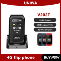 UNIWA V202T 4G Flip Senior Phone 2.4 Inch Dual Screen Emergency Call Button Feature Phone 1450mAh Big Push-Button For Elderly