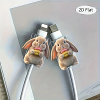 2pcs Cute Bunny Rabbit with Macaron Cable & Type-C 2D Flat Charger Protector Anti-break Transparent Cable Cord Cover