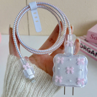 Transparent Pink 3D Bowknot Cellphone Charger Protective Case Sleeve for Apple IPhone 18/20W Laser Cable Winder Wire Protectors