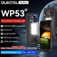 Oukitel WP53 Rugged Smartphone Android 15 6.52" HD Camping Light Telephone Portable 24G(8+16)+128GB 11000mAh 13MP Camera 18W NFC