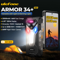 Ulefone Armor 34+ 25500mAh Rugged Phone 5G AI Smartphone Android 15 Up to 32GB+512GB 64MP Night Camera 6.95" 120Hz Display NFC