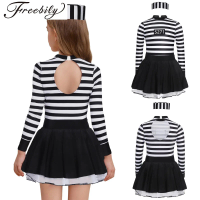 Girl Prisoner Costume Dress Long/Short Sleeve Ruffle Skirt Striped Puffy Ballet Tutu Dress Halloween Jailbird Convict Role Play