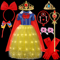 Disney Snow White Glow Short Sleeve Dress Girls 2025 Christmas Purim Carnival Birthday Party Prom Dress Kids Cosplay Costume SET