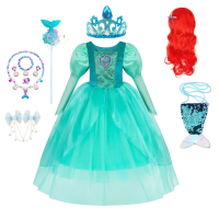 Mermaid Costume Dress Girls Cosplay Kids Long sleeved Birthday Christmas Vestido Children Princess Theme Party Tulle Gown