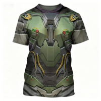 2026 Popular Tactical Mecha Printed Pattern T-shirt with Contrasting Colors Trendy Casual Top