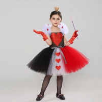 Queen of Hearts Tutu Costume Dress Girls Alice in Wonderland Fancy Dress Kids Carnival Halloween Outfit With Crown Magic Stick